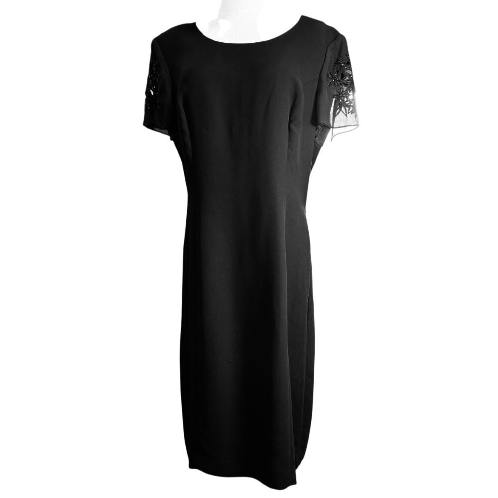 Donna Morgan Black Sheath Cocktail  Dress Size 14 | Embroidered Beaded Sleeves